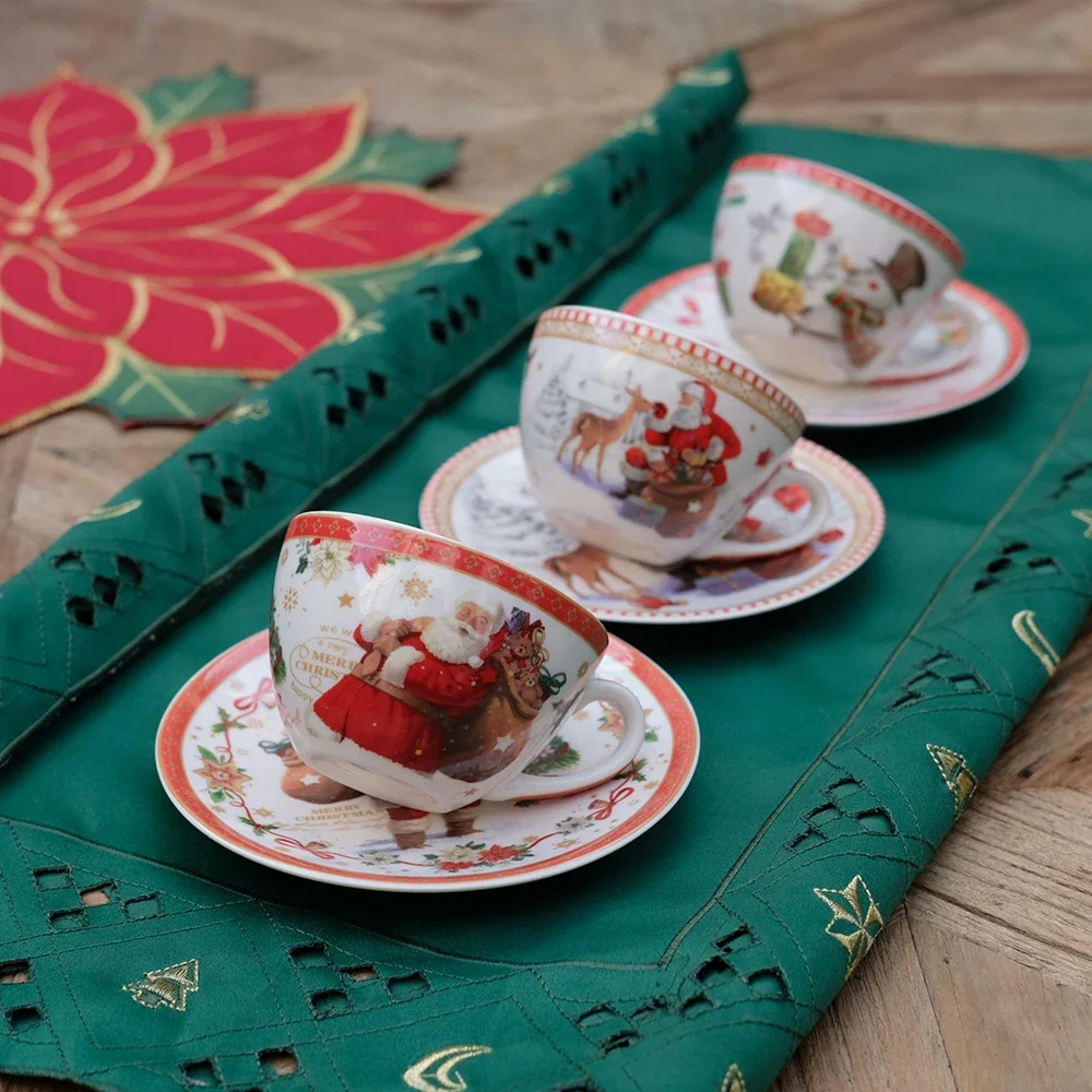 

European Single Red Fire Christmas Holiday Coffee Cup Plate Hot Cocoa Tea Cup Plate Holiday Tea Cup