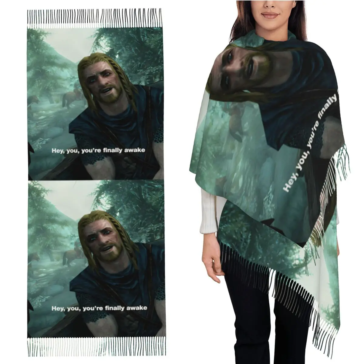 

Женский шарф с кисточками Hey You're Final Awake Skyrim, мягкие теплые шали и накидки, длинная осенне-зимняя шаль