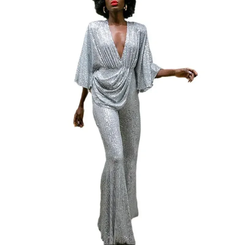 Pakaian wanita baru Eropa dan Amerika penjualan langsung payet seksi deep V celana jumpsuit punggung terbuka