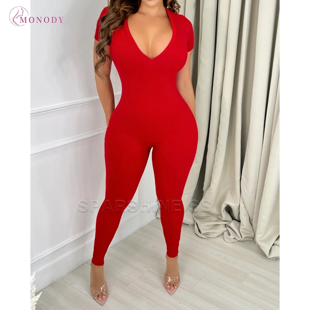 

Threaded Deep V Short-sleeved Jumpsuit Women Casual Elegant Loose Fit One Piece Romper For Daily Party Vacation