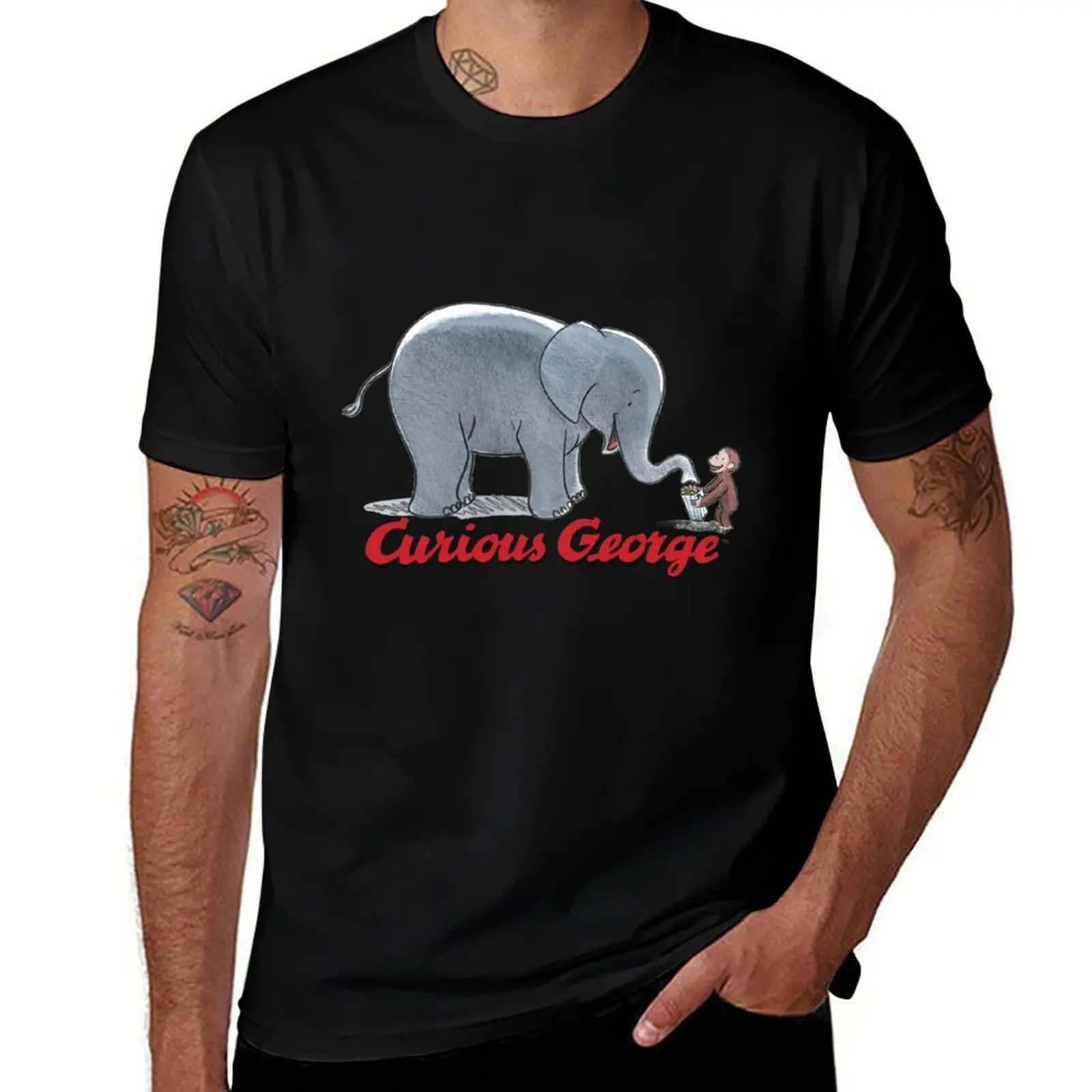 Curious George And Elephant T-Shirt Basic Solid Color Casual Tee Shirt T-Shirt