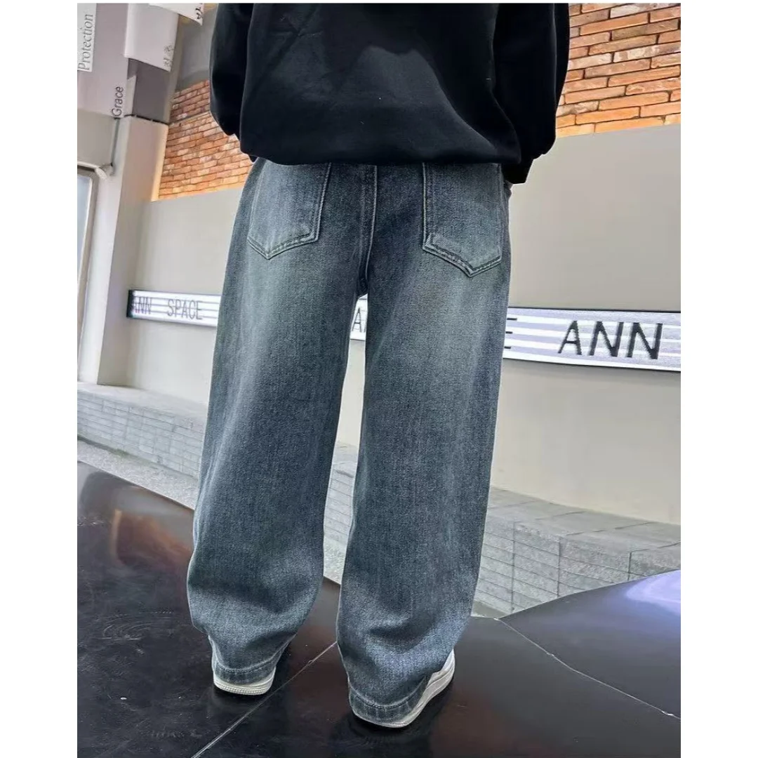 Boys Jeans Pants New Kids Wide Leg Straight Trousers Autumn Loose-Fit Casual Trousers Children's Trendy Sweatpants Pant 5-14Y