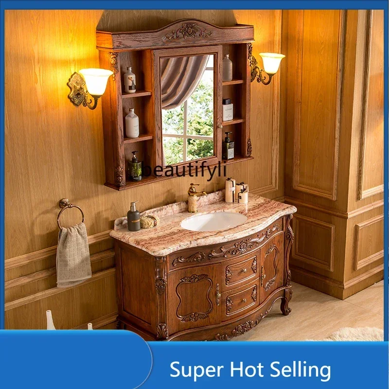 

54European-Style Solid Wood Bathroom Cabinet Red Oak Bathroom Cabinet Bathroom Wash Basin Washbasin Mirror Cabinet Combination