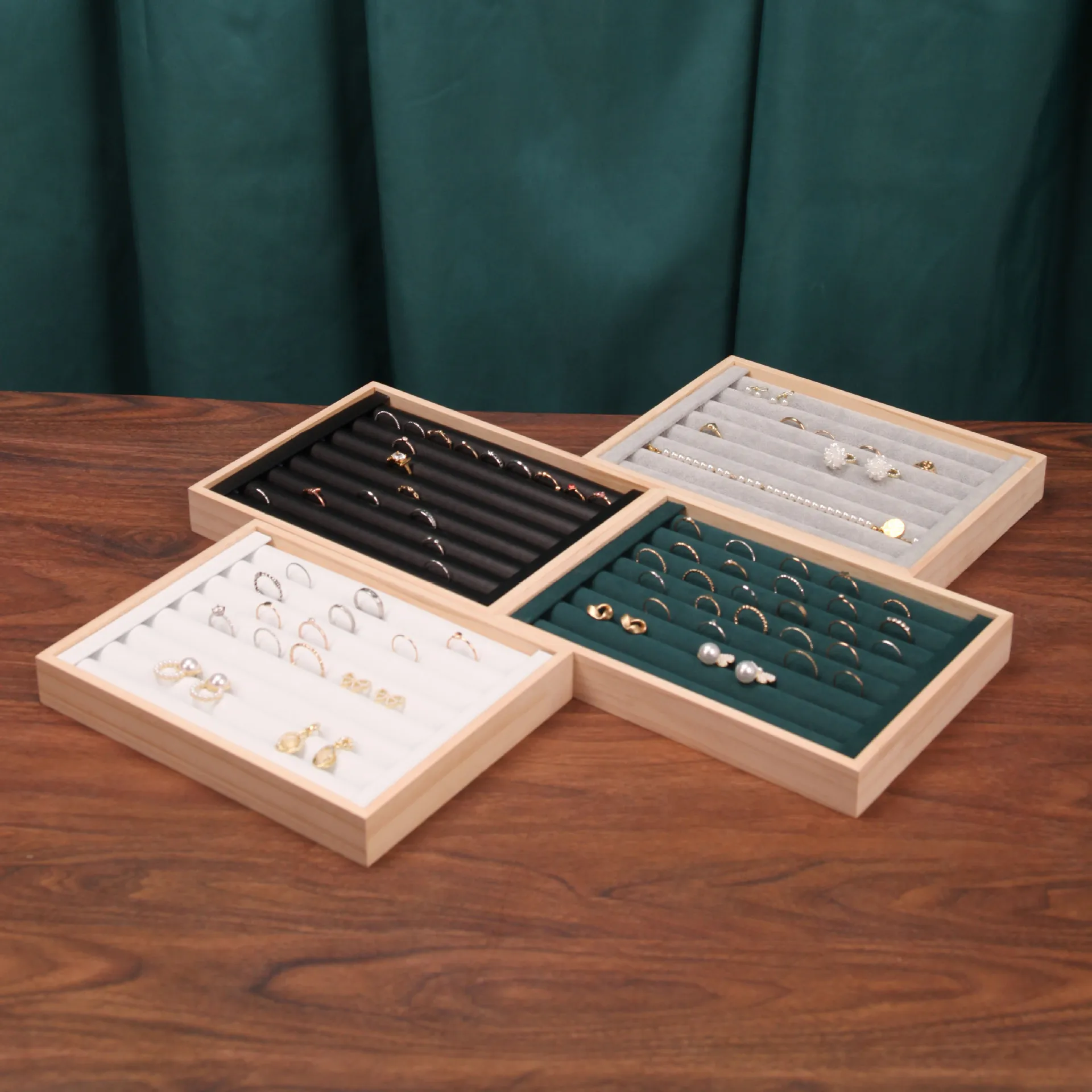Solid Wood Small Flannel Ring Display Plate, Stud Earrings, Bracelet, Storage and Finishing Box, Ring Jewelry