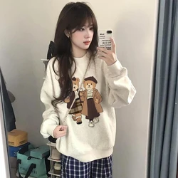 Loose Crew Neck Sweatshirts Women's 2024 Spring and Autumn New Walking Bear Sweater Cute Printed Top