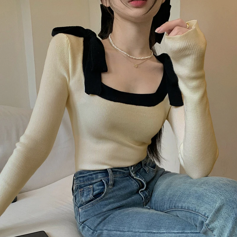 Autumn Women Bow U Neck Jersey Sueter Mujer Y2k Clothes Slim Black Sweater  Jumper Bottom Aesthetics Grunge Tops Knit Shirts