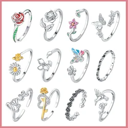 Anillo de Plata de Ley 925 para mujer, Serie de flores y plantas, Rosa verde floreciente, joyería fina de gama alta, regalo para el día de la madre