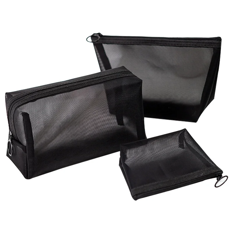 Bolsas de maquillaje de 4 estilos para mujer, estuche de cosméticos negro de malla transparente, bolsa de almacenamiento de herramientas para