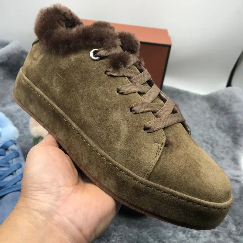 Multicolor Suede One-pedal Furry Shoes for Women Lace Up Low Top Women Warm Walk Shoes Thick Wool Winter Fur Sneakers