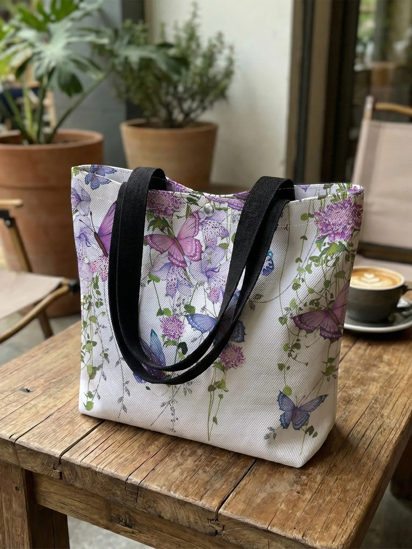 Purple Butterfly Floral Print Tote Bag Large Capacity Canvas Shoulder Bag For Shopping Travel Daily Use