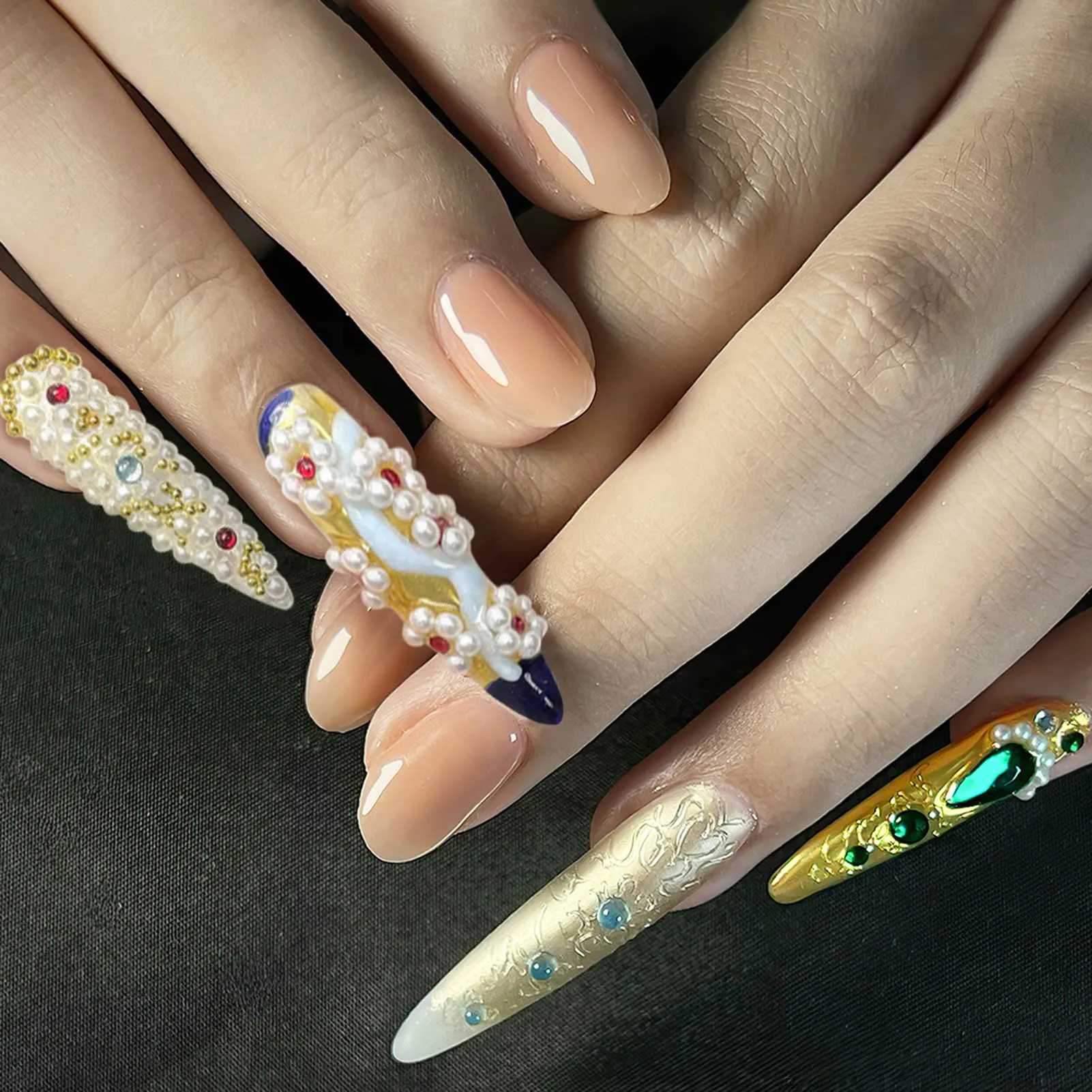 Handamde Nude Color Press On Nails Almond And Golden Long Pointed Fake Nail Tips With Pearl Diamond Designs Chinese Style Nails