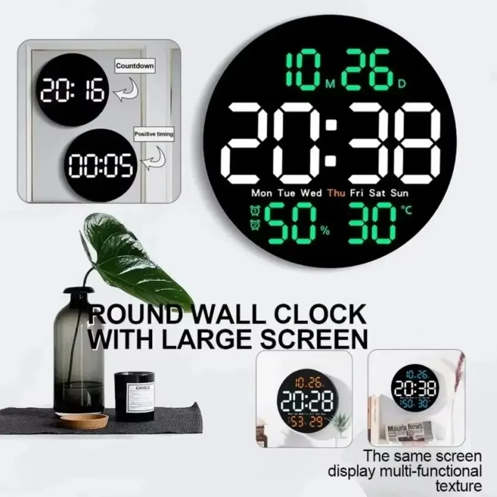 10 Inch LED Wall Clock,Temperature/ Humidity Display Large Screen Wall-mounted Electronic Clock Timing Countdown,Remote Control