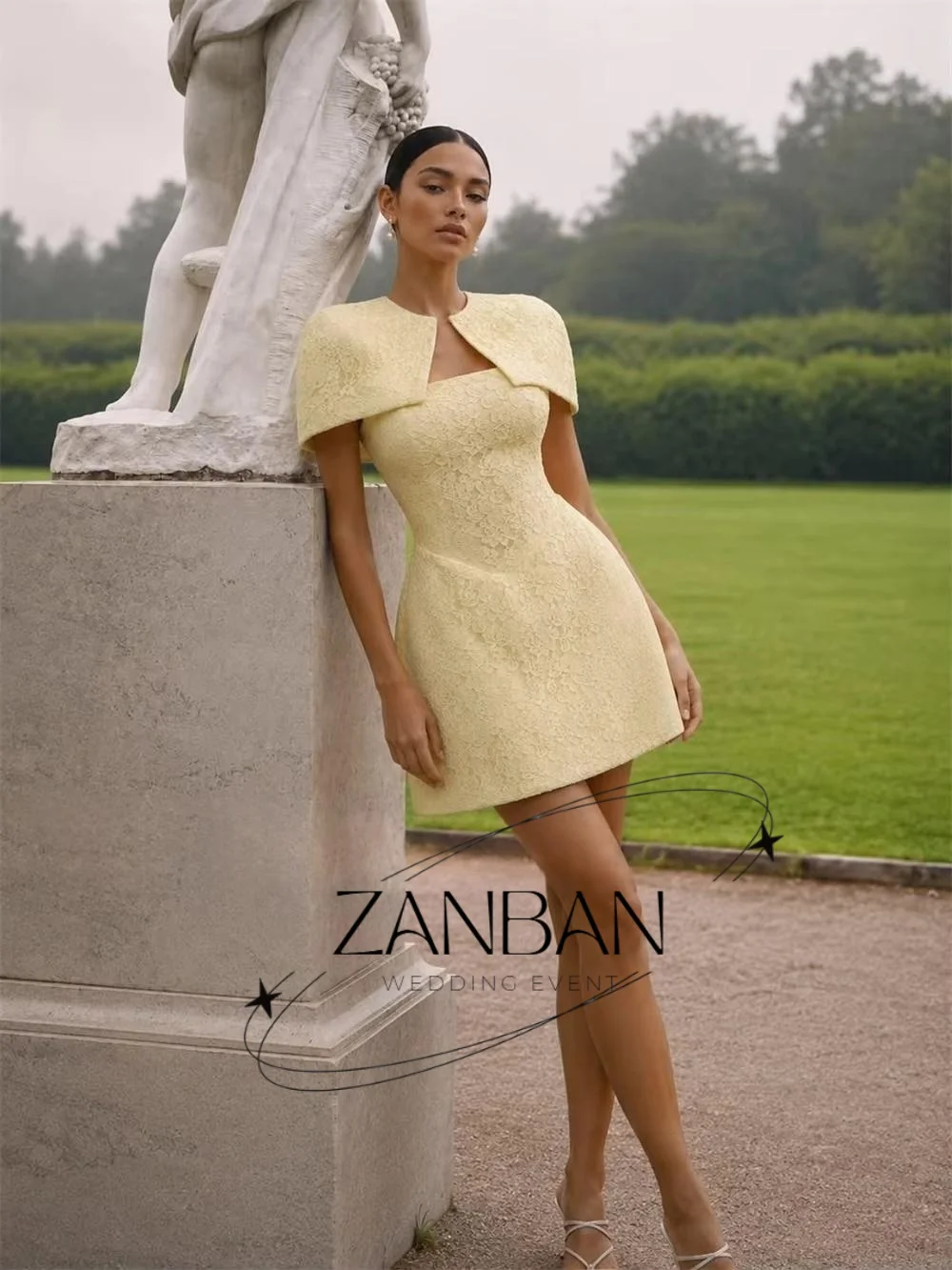 ZanBan Simple Yellow Lace Prom Gown Premium Round Neck Shawl Birthday Party Dresses A line Short Wedding Party Event Customized