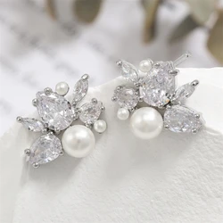 ZAKOL Elegant White Imitation Pearls Flower Stud Earrings for Women Shiny Water Drop Zirconia Bridal Earring Wedding Jewelry