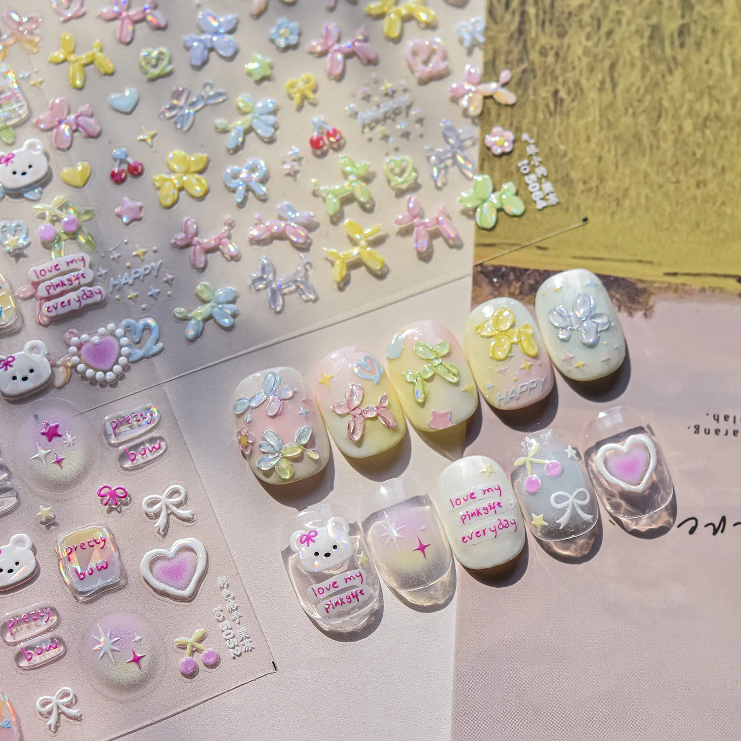 Balloon Puppy Jelly 5D Nail Art Stickers 3D Cute Love Bows Cherry Adhesive Nail Stickers Manicure Decals DIY Nail Accessories