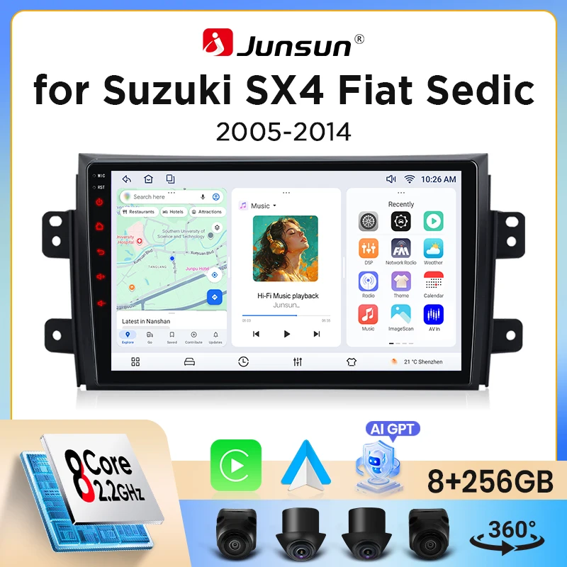 Autoradio sans fil Junsun CarPlay Android Auto pour Suzuki SX4 / Fiat Sedici Mk1 2006-2014 avec ventilateur de refroidissement intégré, navigation GPS Android,