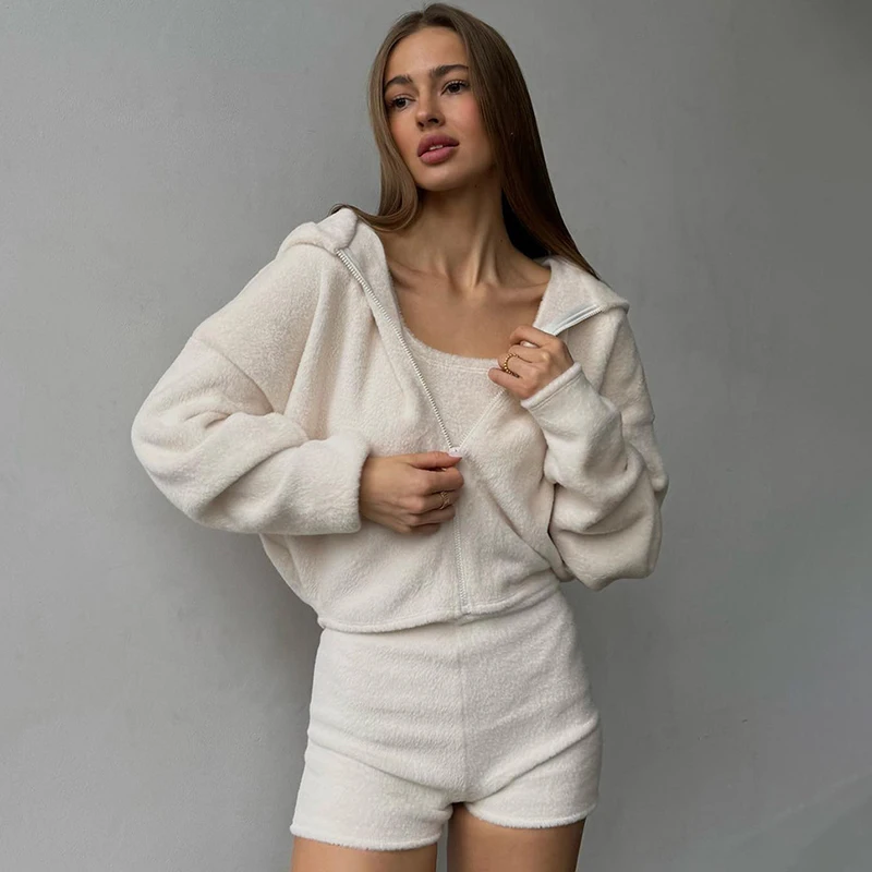 

TARUXY Leisure Plush Jacket Vest Shorts Women Suit Fashion Zipper Hooded Cardigan Sexy Vest Shorts Autumn Winter New Female Suit