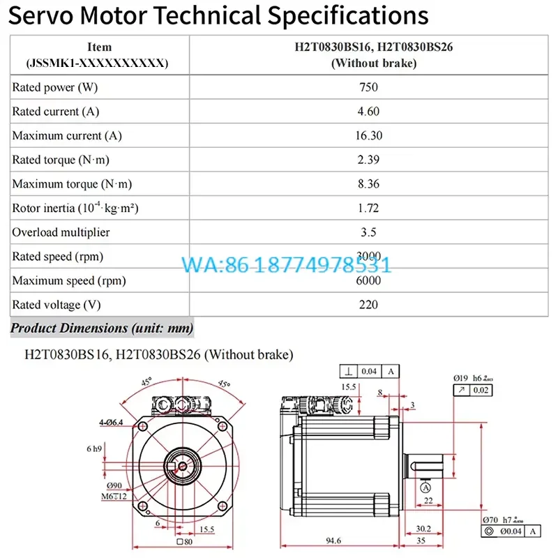 Wmwmnu for 80mm Frame 750W 2.39N.m 3000rpm AC Servo Motor with EtherCAT 220VAC Single Phase Servo Drive Kit