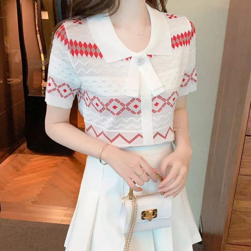 Ice Silk Knitted Short Sleeve T-shirt for Women in Summer New All-match Youth Korean Thin Tops Tees Fashion Elegant Clothing