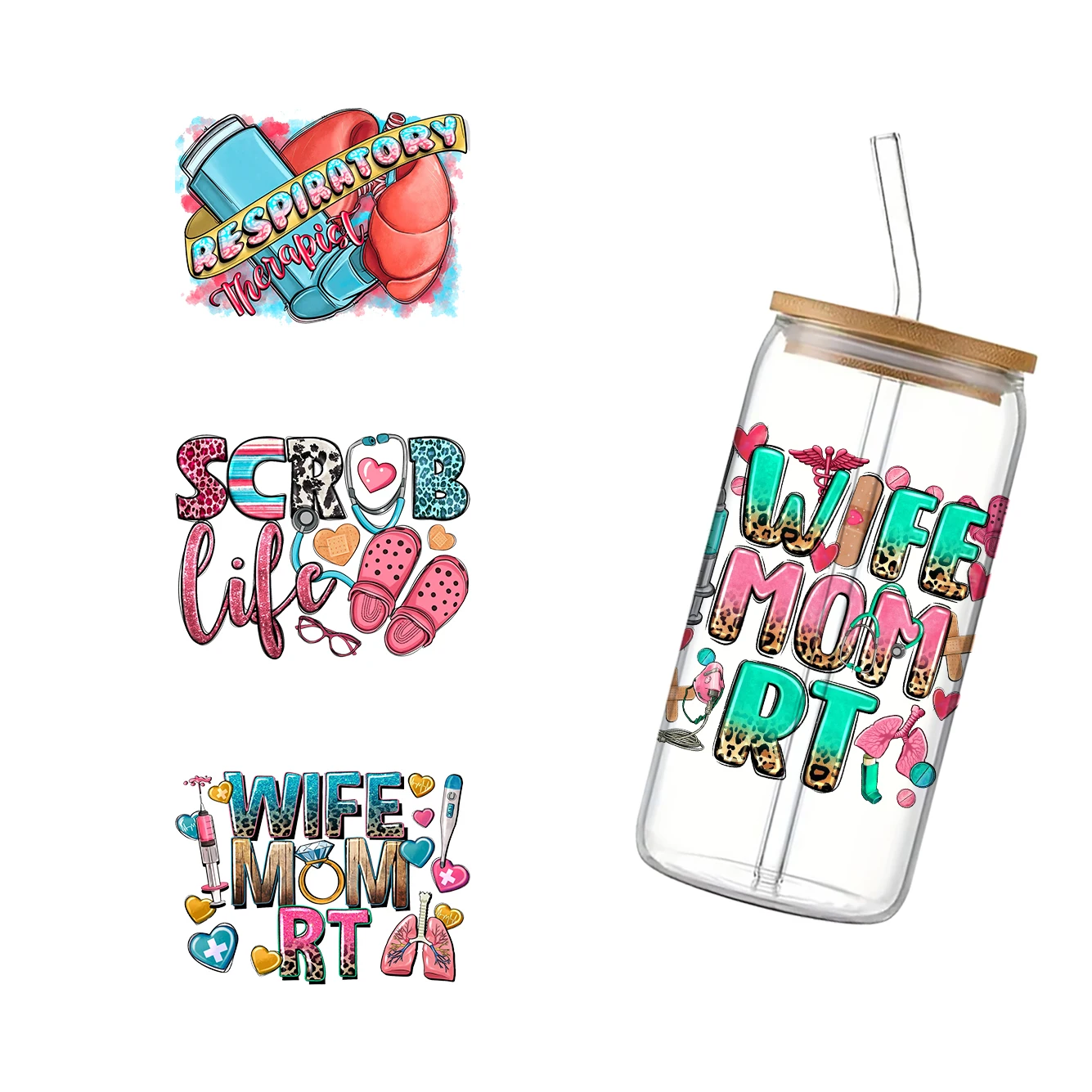 

11x12cm Nurse Day Easter Rabbit For Libbey 16oz Can Glass 3D Waterproof UV DTF Coffee Can Wrap Libbey Glass Wrap