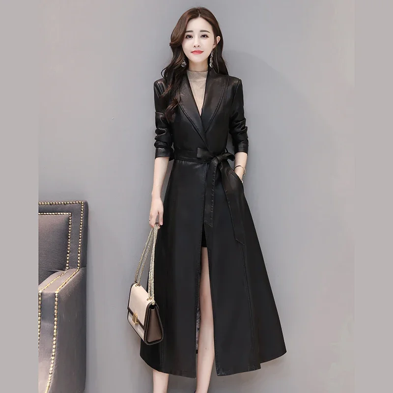 Women Leather Trench Outwear Office Lady Leather Coats Spring And Autumn Sashes Slim Fashion Long Leather Jacket Female SWREDMI