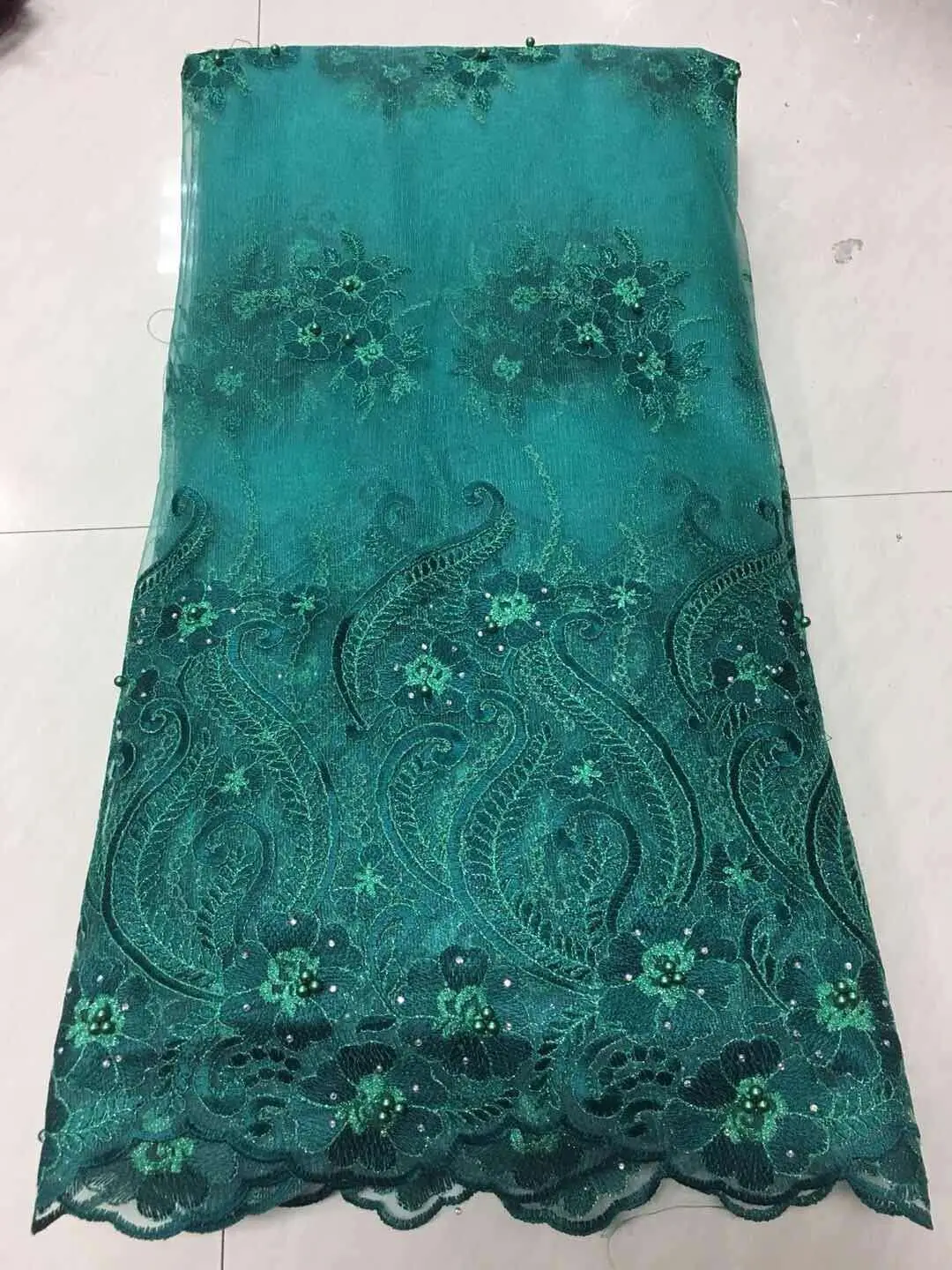 

New Arrival African Lace Fabrics High Quality Deep Green France Cord Lace Guipure Lace Fabric for Nigerian Beaded Lace Fabric