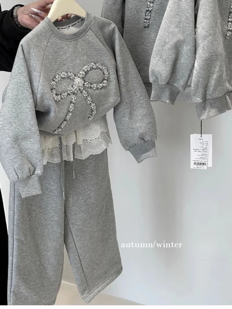 Teens Girls Clothes Set Autumn Grey Bow Tracksuit 2pcs Kids Clothing Sweatshirt Lace Sweatpants Fashion Casual Children Outfits