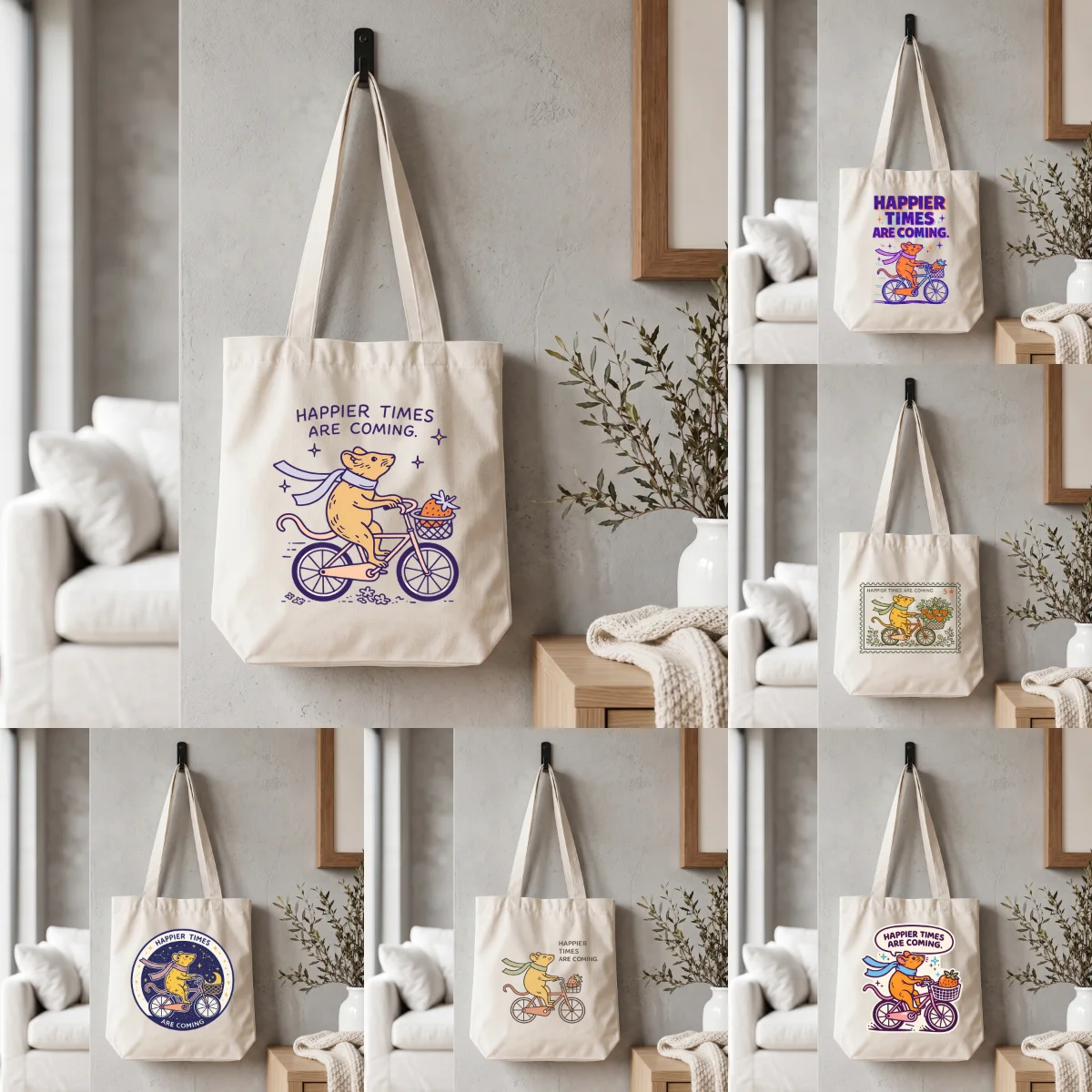 

1 Pack 35×38.5cm Canvas Tote Bag, Cute Biking Mouse Art Graphic Shoulder Bag, Eco-friendly Reusable Work & School Tote Bag