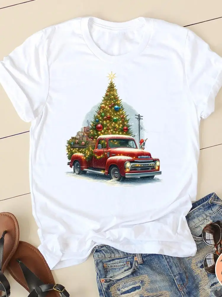 Sweet Truck Trend Prints O-neck Women New Year Female Lady Fashion Shirt Tee Casual Merry Christmas Clothes Graphic T-shirts