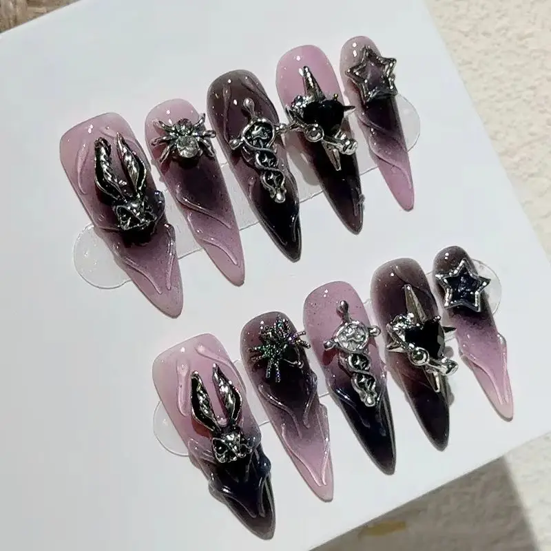 

10Pcs Mid-length Almond Press on Nails Art Dark Black Y2k with Heart Rhinestone Design Fake Nails Bow Sweet Cool French Manicure