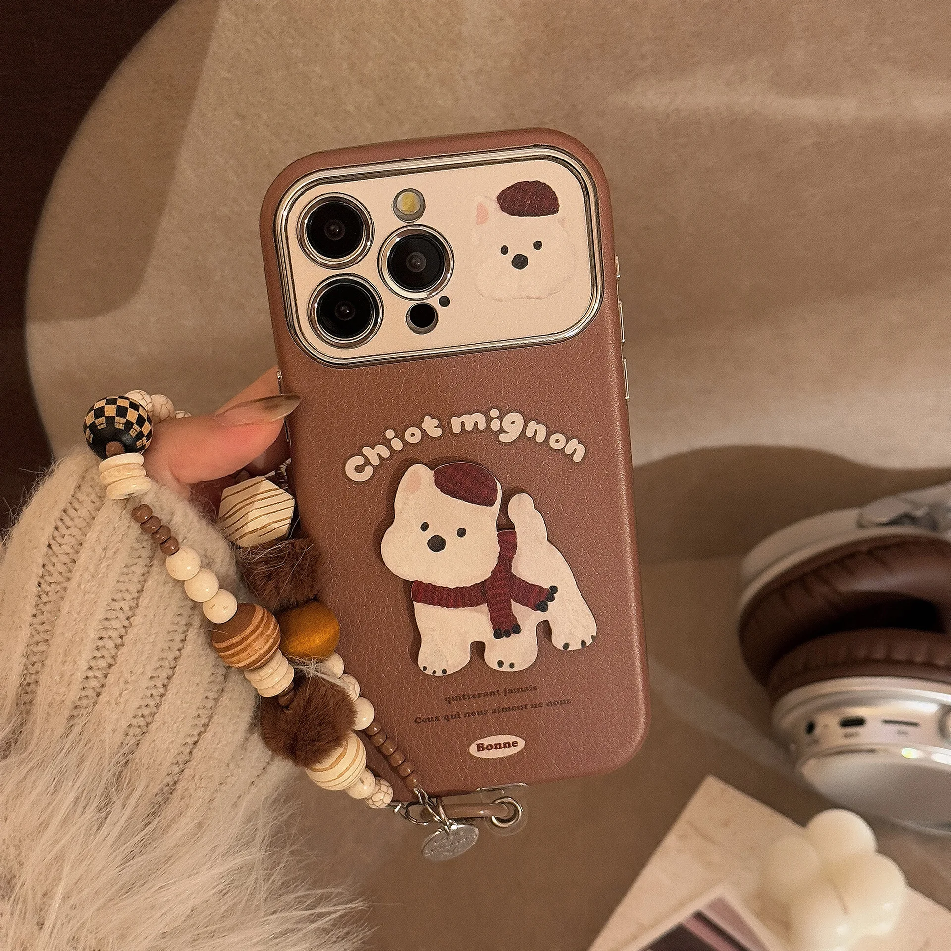 Ins süße Cartoon 3D Welpen Leder Textur Armband Handytasche für iPhone 16 15 14 13 12 11 Pro Max große Fenster stoßfeste Abdeckung