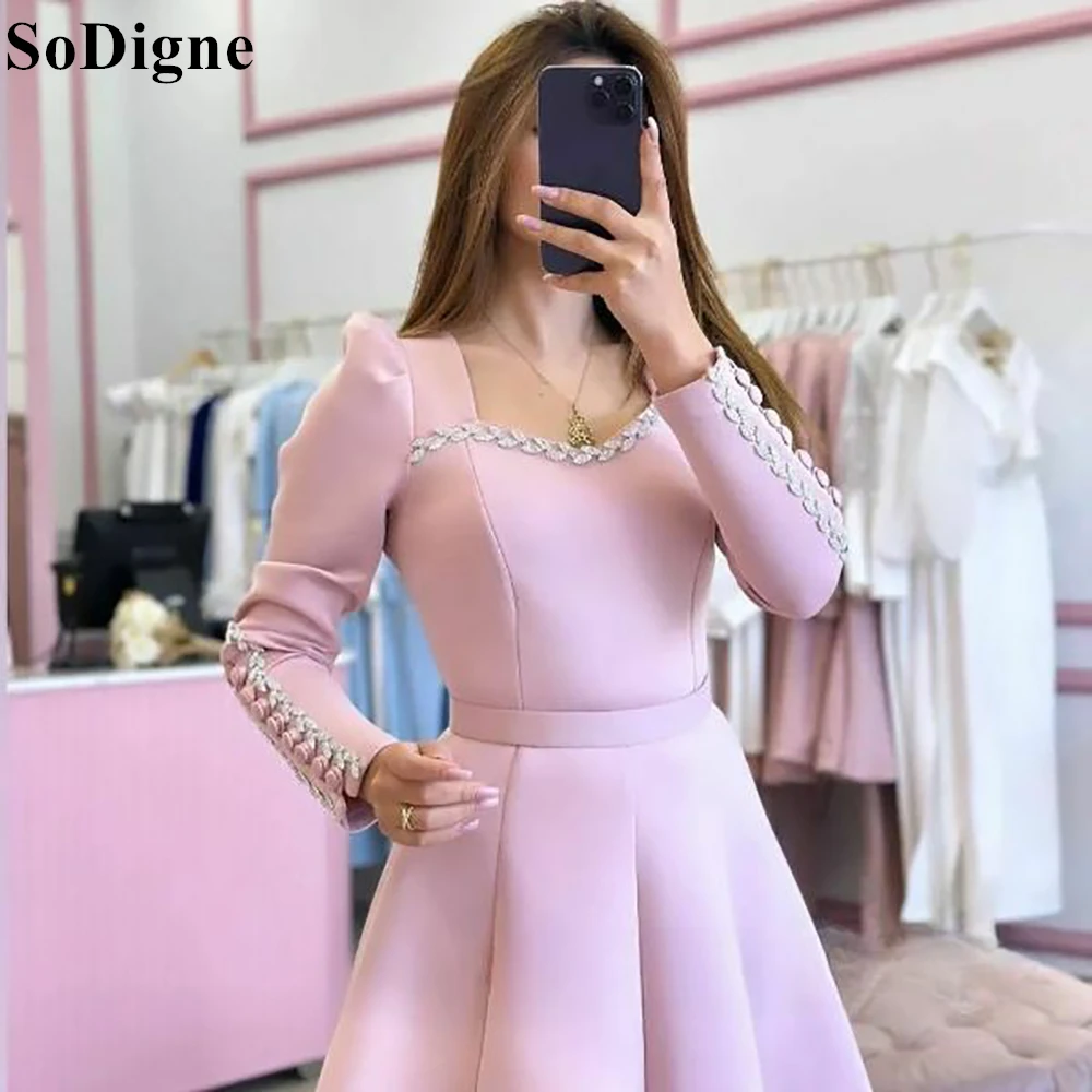 SoDigne Pink Elegant Homecoming Dress A-Line Button Long Sleeves Beading Sequin Pleated 2024 Party Dress for Women Cocktail Gown