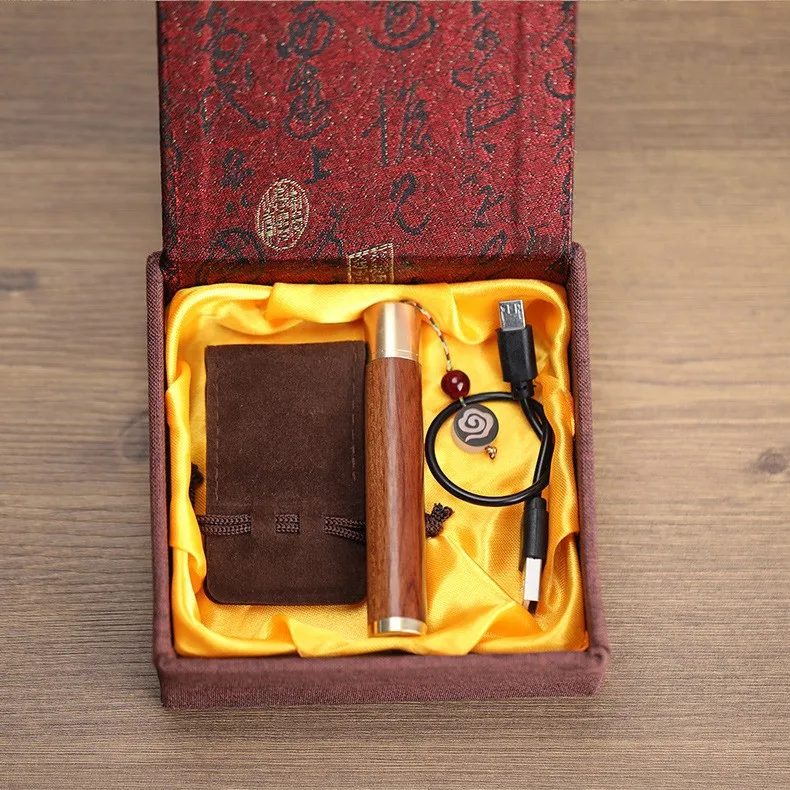 USB Charge Lighter Blowing Plasma Lighter Vintage Wooden Air Blowing Cigarette Lighter Engraving Sandalwood Electronic