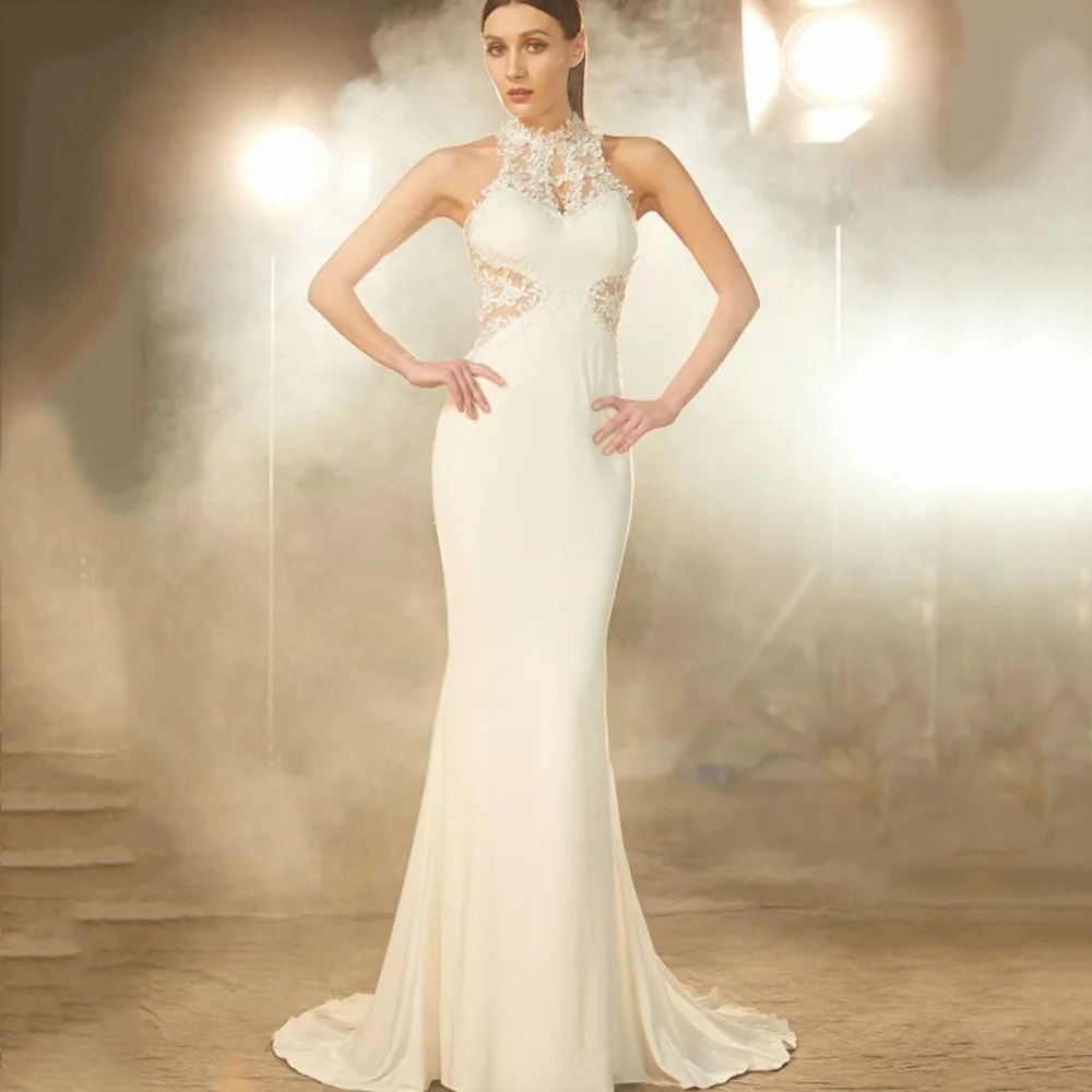 

Elegant Ivory Long Evening Dresses Lace High Neck Applique Jersey Mermaid Floor Length Backless Formal Prom Party Gown Plus Zise