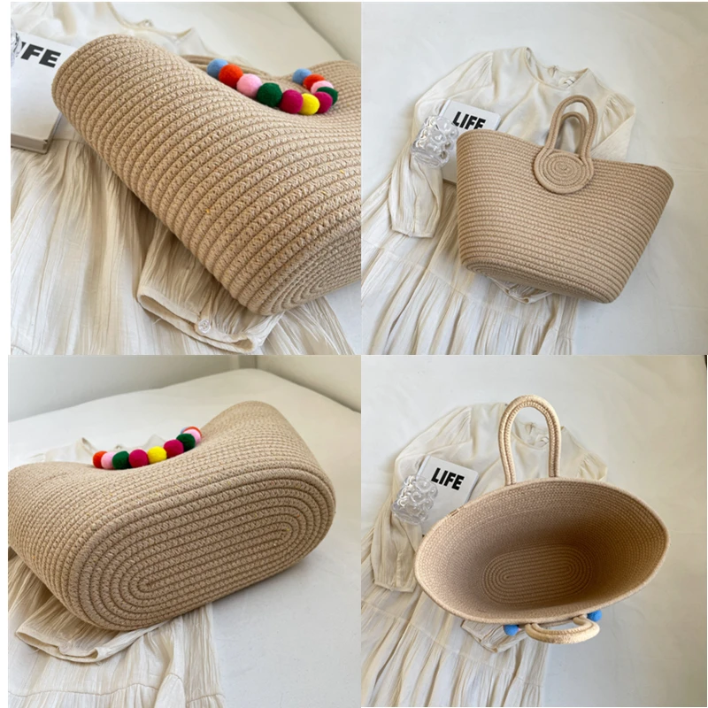 2024 Knitting Kits Fabric Khaki Beach Bag Large Capacity Handmade Straw Summer Holiday Leisure Bag Women Bags Shopping Bags