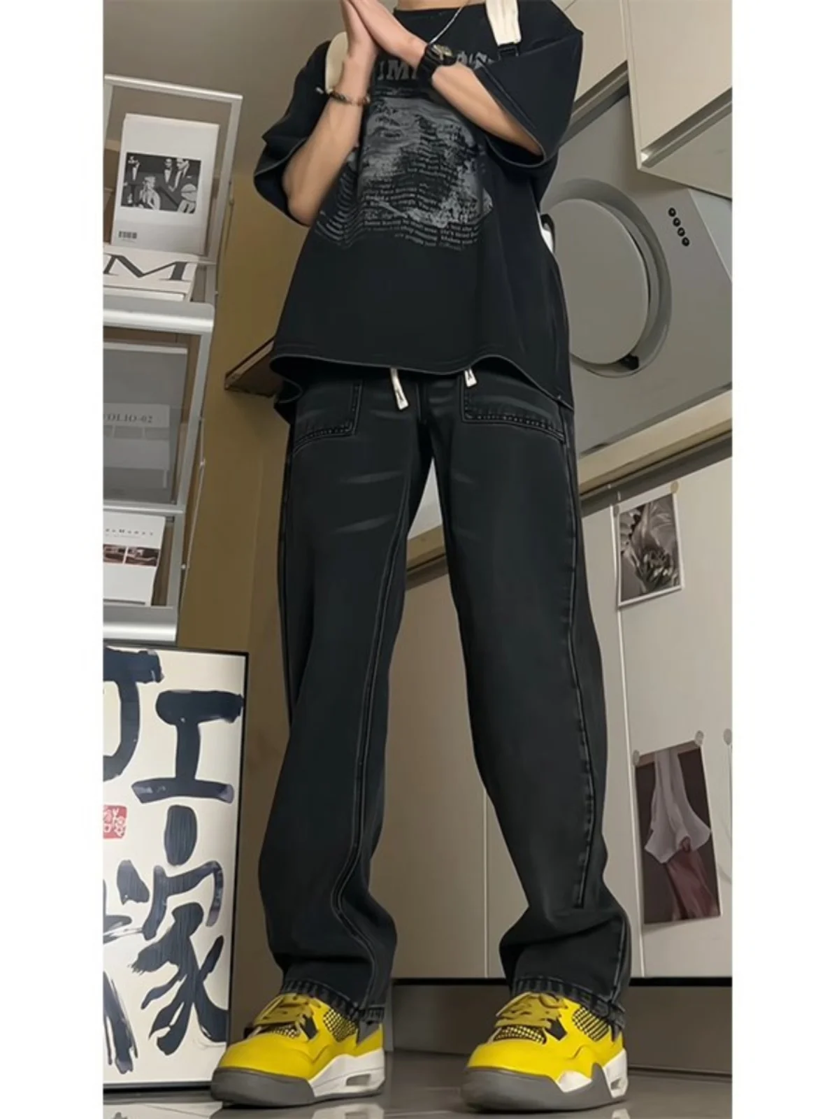 High Waist Slim Fit Men's Jeans Bla ey Spring Autumn Design Sense adient Pants Visual Heightening Skinny Straight Leg J...