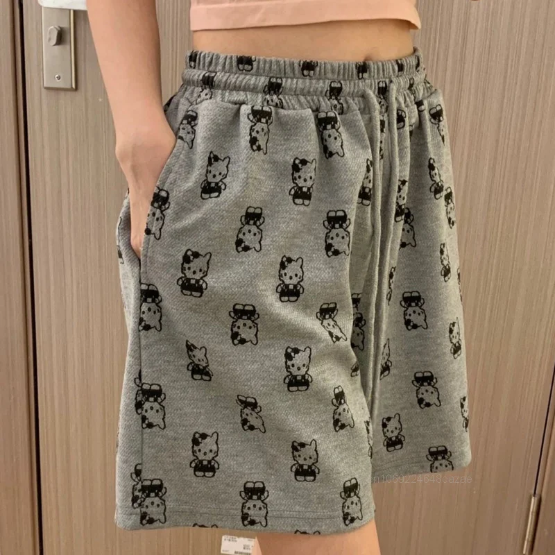 Sanrio Hello Kitty Cartoon Cat Printed Clothes Women\'s Summer High Waisted Loose Shorts Casual Sports Fashion Five Quarter Pants