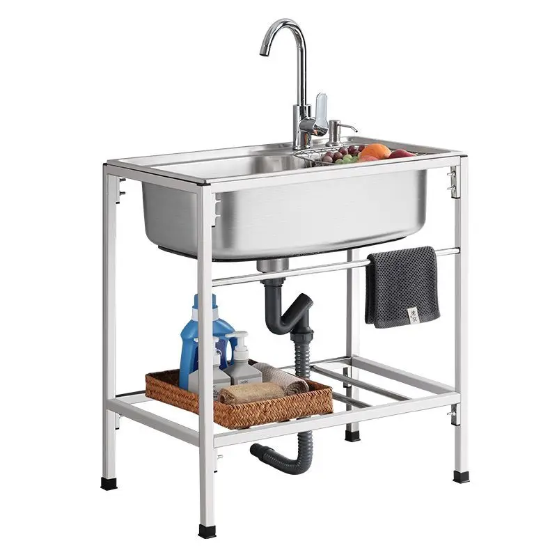 Kitchen Thickened Simple Stainless Steel Sink Large Single Sink Commercial Vegetable Basin with Bracket Household Dishwashing Si