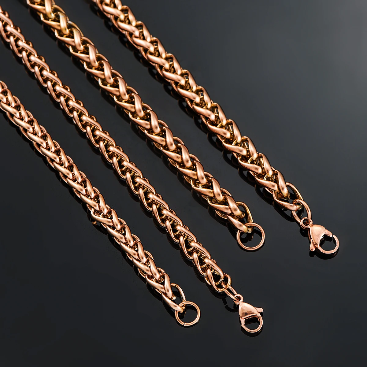 3mm/4mm/5mm/6mm/7mm Rose Gold Color Stainless Steel Wheat Braided Necklace Link Classic Curb Chain for Men Women Jewelry