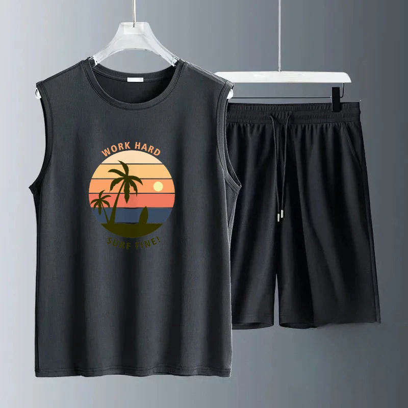 

2025 Summer Daily Wear Men Sets Sunset atmosphere print Sleeveless Casual Comfortable Lightweight Outfit for Men tracksuits suit
