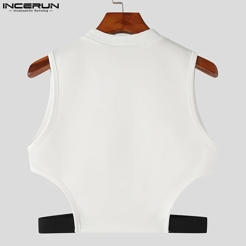 INCERUN 2023 Men Tank Tops Patchwork O-neck Sleeveless Sexy Fitness Hollow Out Vests Men Streetwear Fashion Crop Tops S-5XL