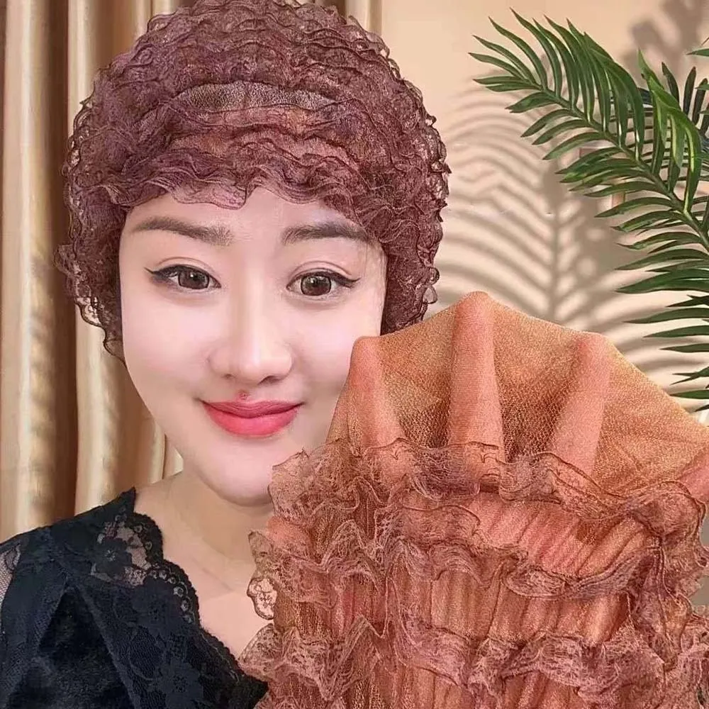 Soft Beauty Lace Curling Hat Polyester Breathable Elastic Curly Hair Hat Solid Color Brimless Beanie Elderly Beauty Cap Gifts