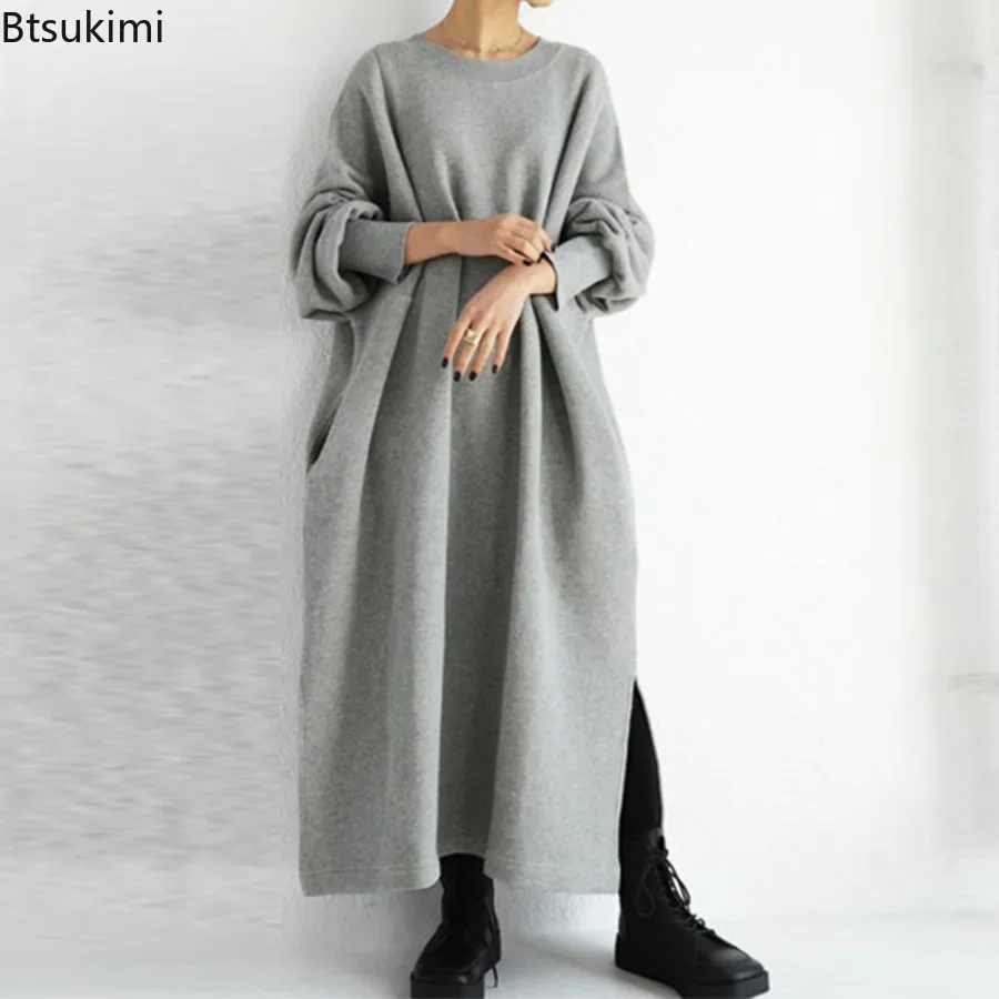 2025 Women's Hoodies Long Dress Fashion Casual Commuting Solid Hoodies Females Round Neck Split Hem Loose New Dresses Oversized