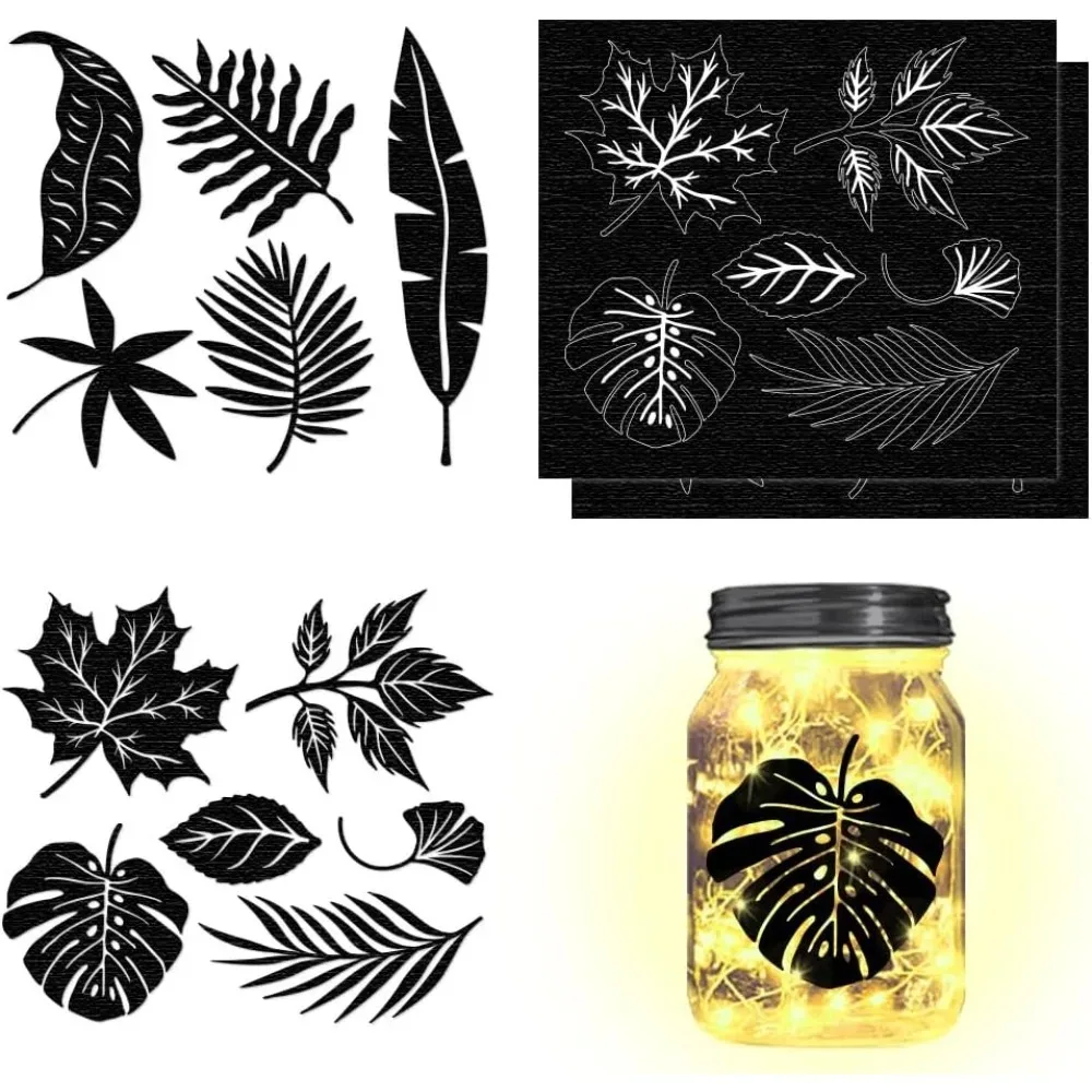 

4Pcs Leaf Silhouettes Laser Cutouts Decals Maple Leaf Mason Jar Decor Ornaments Dragon Scrapbook Paper Cuts Jar Cutouts Window