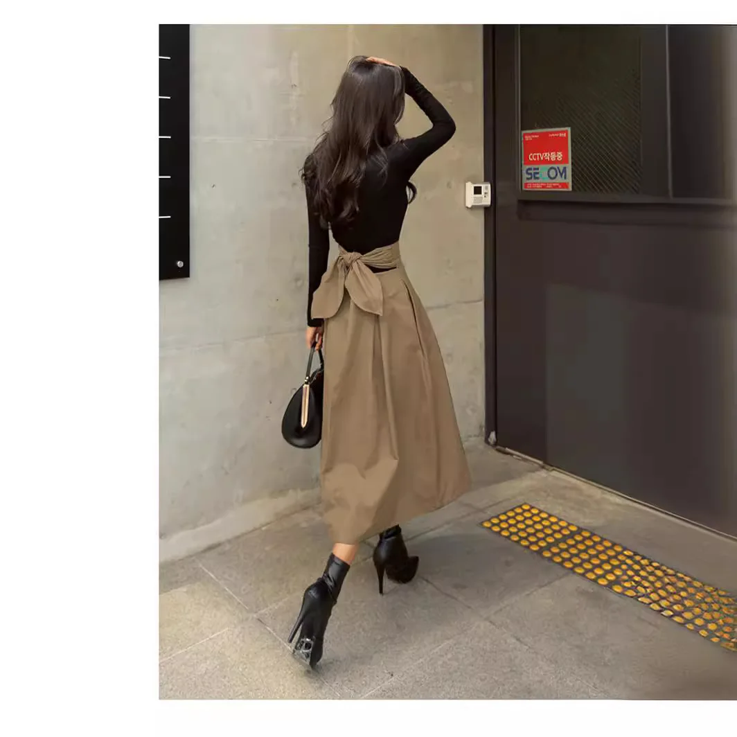

autumn High-waist Back-slimming A-line Skirt With Tie Bowknot Korean Solid-color Versatile Large-swing Umbrella Skirt For Women