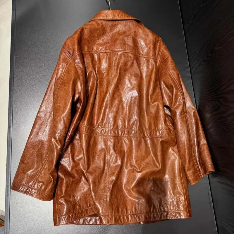 Weicher Mantel aus Ölwachsleder für Frühling, normale Länge, Umlegekragen, einreihig, hohe Qualität