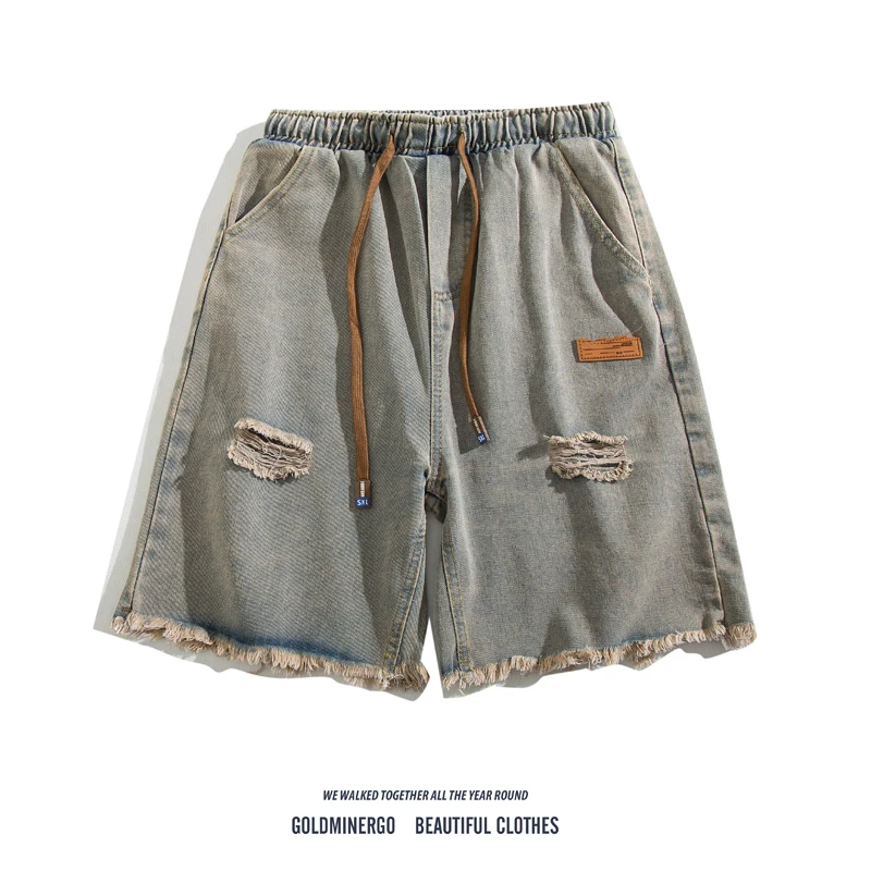 

Мужские джинсы-шорты из рваного денима, летние, модные, свободные, универсальные, с эффектом потертости, со средней посадкой, прямые, пятипятыерные, повседневные