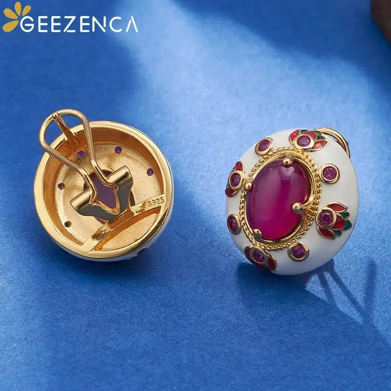 GEEZENCA Red Corundum 925 Silver Enamel Jewelry Sets Earrings Ring Pendant For Women 18K Gold Vintage Luxury Chic Gift 2024 New