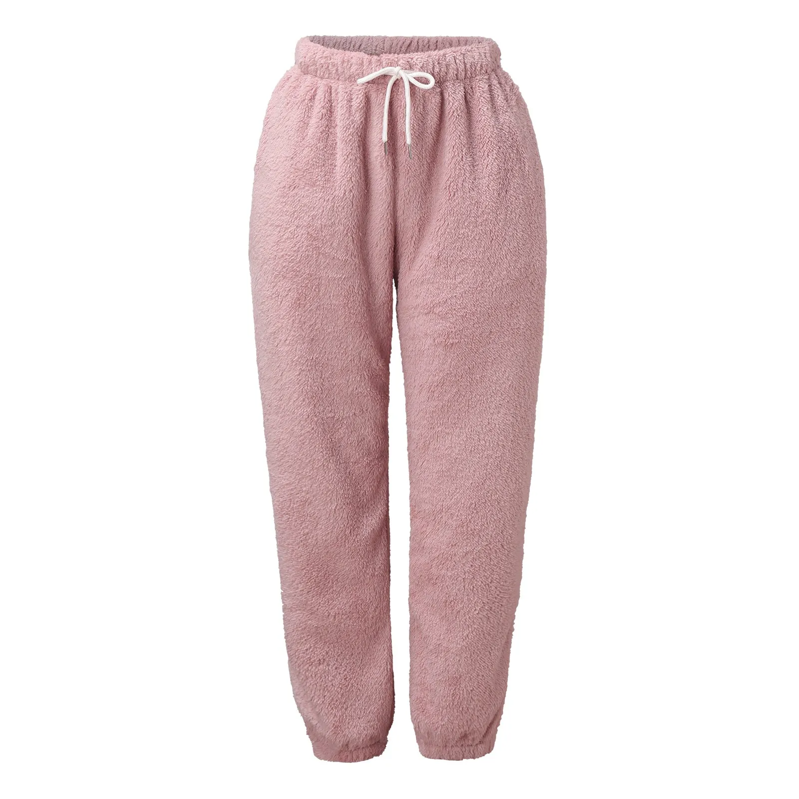 Autumn Winter Fuzzy Sweatpants Women Pockets Pink Elastic High Waist Casual Lounge Home-Wear Loose Joggers Trousers Streetwear