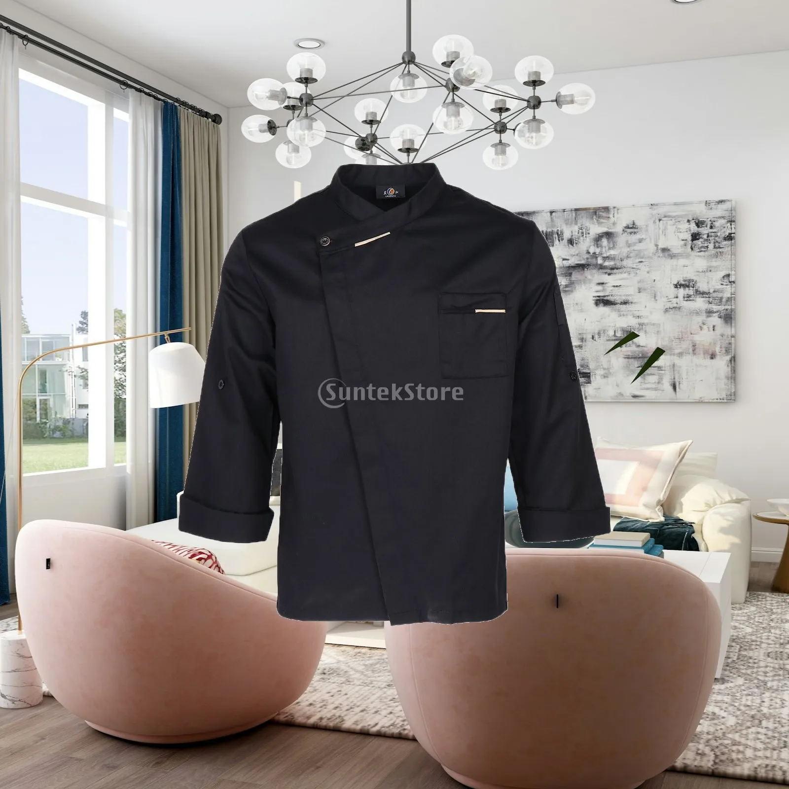 Classic Chef Coat for Cooking Class Unisex Long Sleeve Kitchen Uniform Stand Collar Front Pocket Quick Dry Waiter Jacket